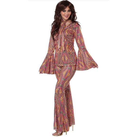 California Costumes Women's 1970s Disco Costume  Sequin Top Bell Bottom Pants - Picture 2 of 12